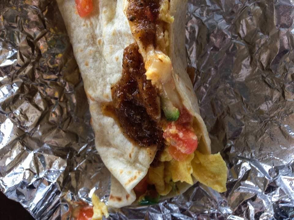 My Migas Taco! Egg, Peppers, Onion, tomato and chilli salsa in a tortilla